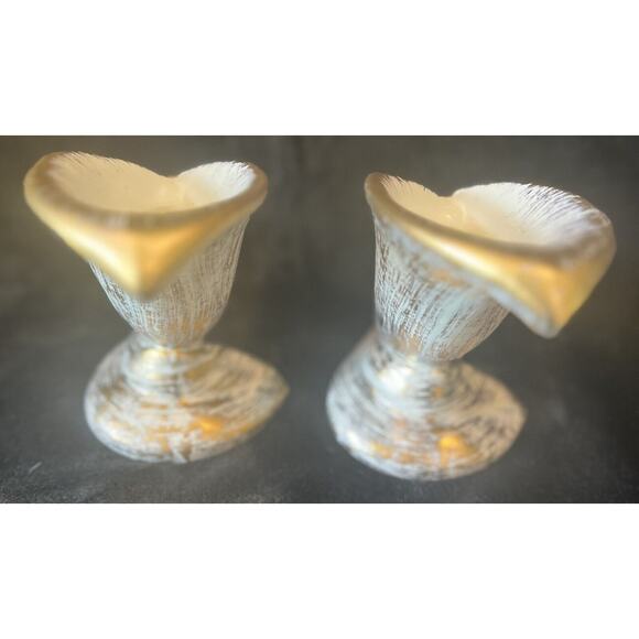 Set 2 Vintage MCM Haeger Tweed Calla Lily Candle Holder Vase 22K Gold Trim Pair - Picture 4 of 16